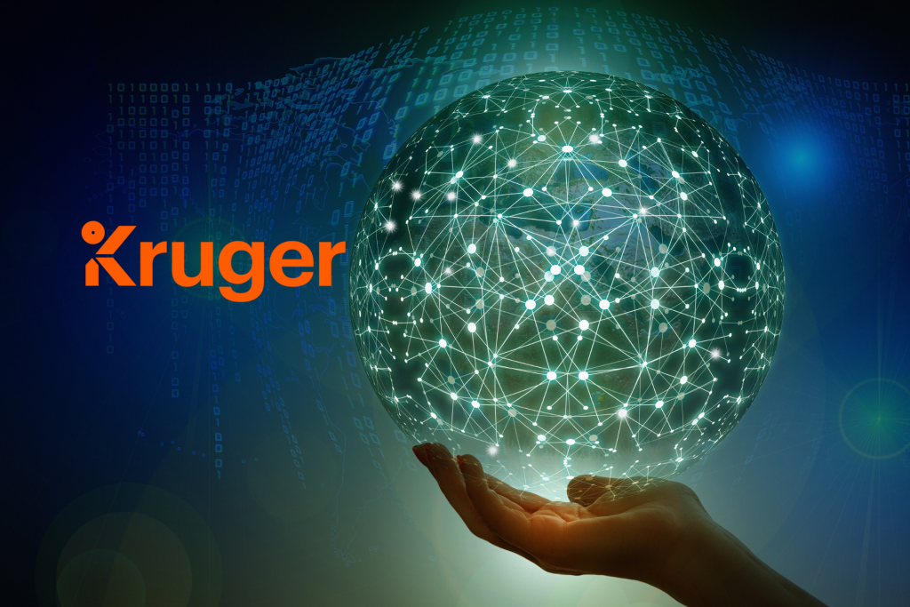 Header Kruger and TourCert© A hand holding a digitized globe with the orange Kruger logo.