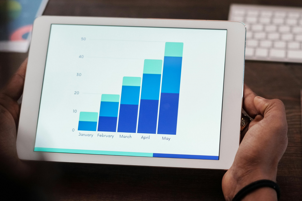 Zwei Hände halten ein Tablet, auf dem verschiedene Statistiken angezeigt werden.