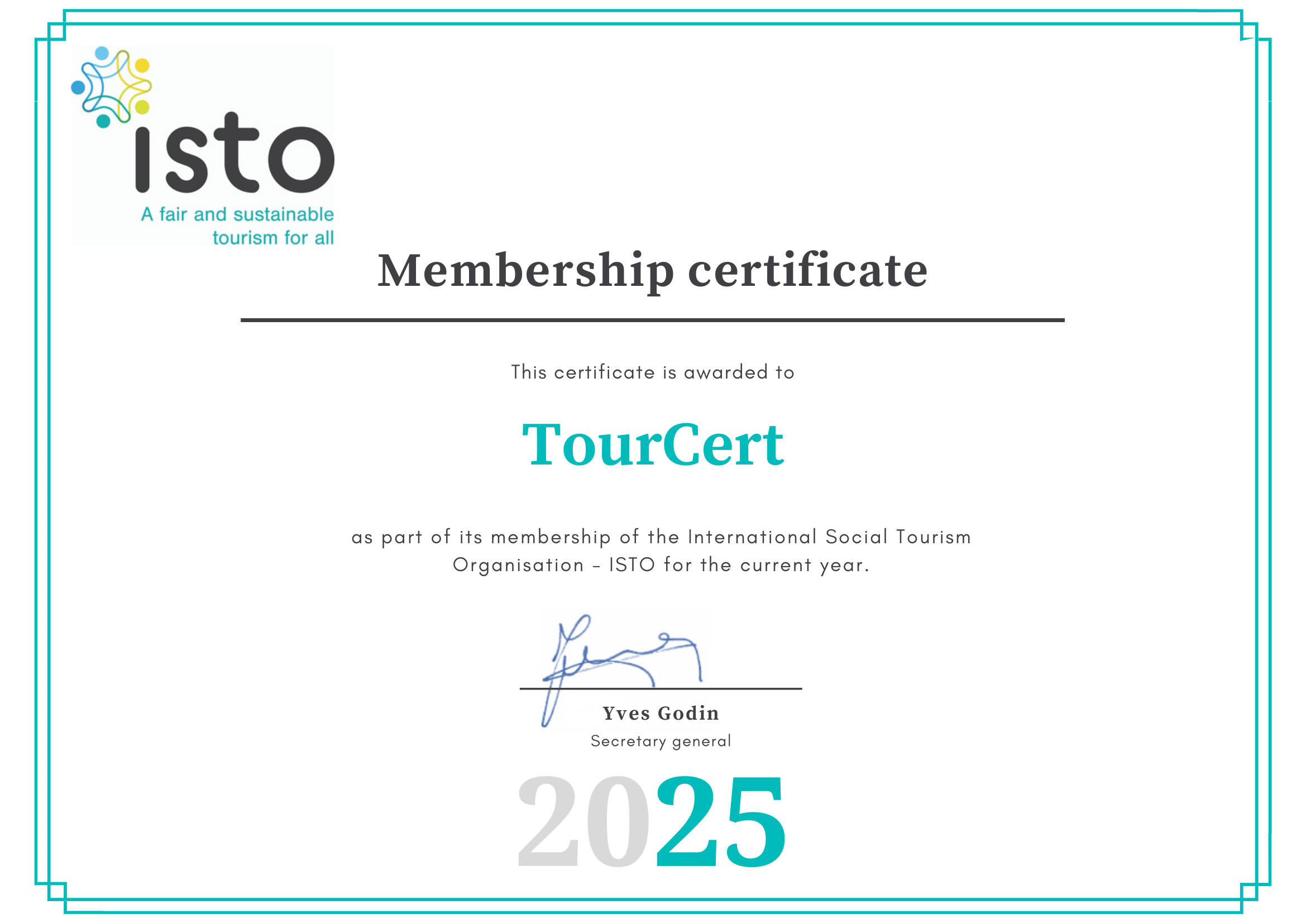 ISTO – Mitgliedszertifikat – TourCert ISTO Mitgliederzertifikat für TourCert gültig für das Jahr 2025